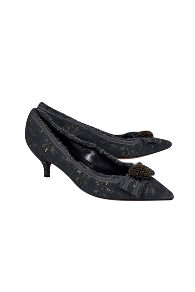 Current Boutique-Moschino - Blue & Metallic Gold Brocade Kitten Heels Sz 8