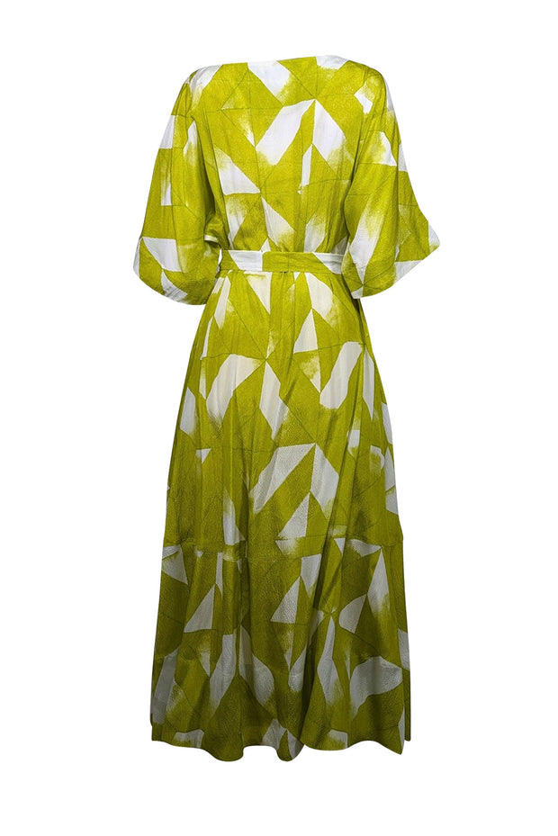 Current Boutique-Natori - Chartreuse & White Print Silk Midi Dress Sz M