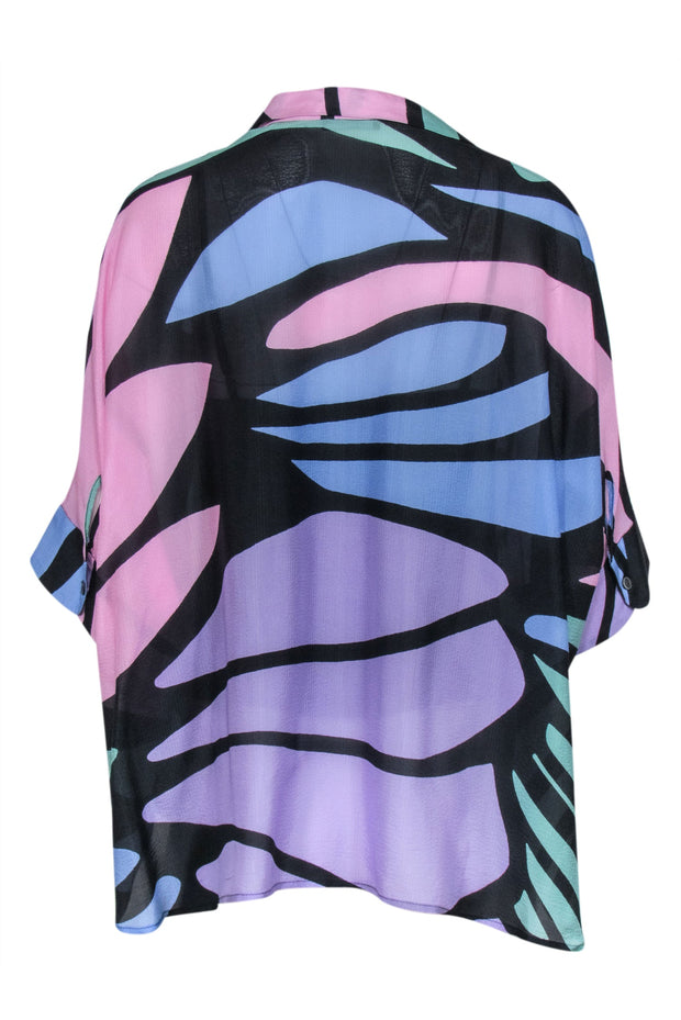 Current Boutique-Natori - Purple, Green, Pink & Blue Abstract Print Silk Blouse Sz XS