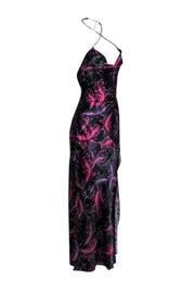 Current Boutique-Nicholas - Black & Purple Leaf Print Silk Dress w/ Embellished Halter Neck Sz 0