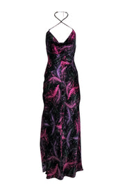 Current Boutique-Nicholas - Black & Purple Leaf Print Silk Dress w/ Embellished Halter Neck Sz 0