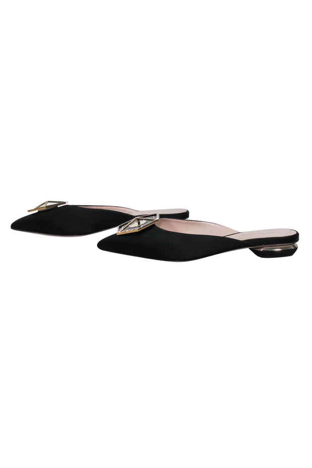 Current Boutique-Nicholas Kirkwood - Black Satin Crystal Embellishment Toe Mule Flats Sz 7.5