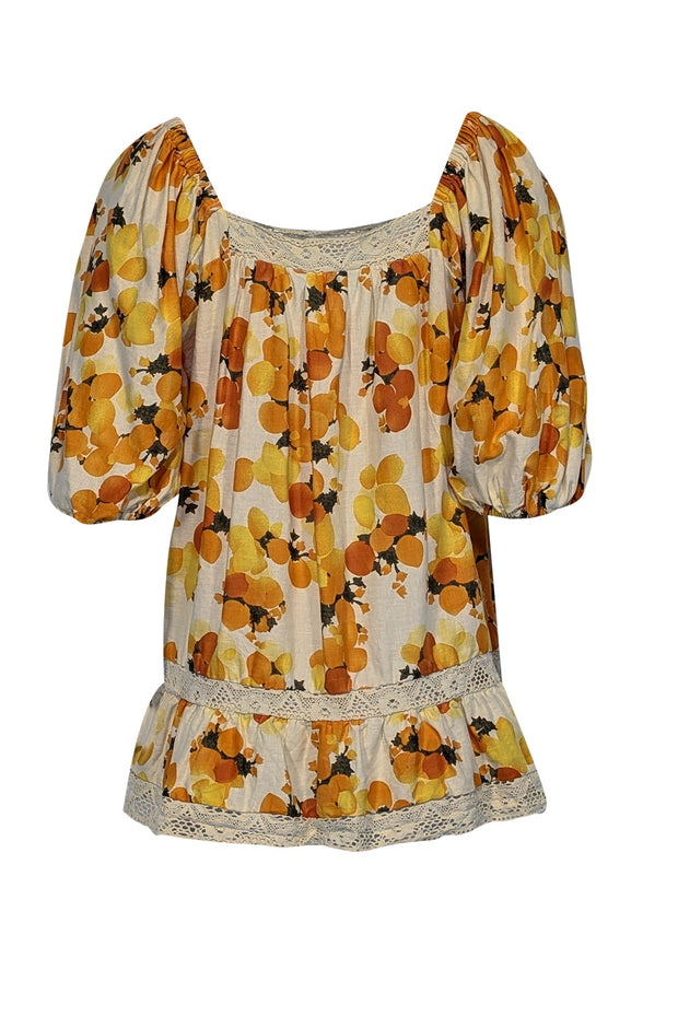 Current Boutique-Nicole Miller Artelier - Ivory, Yellow, & Orange Fruit Print Peasant Blouse Sz S