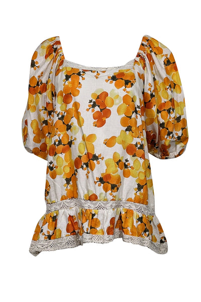 Current Boutique-Nicole Miller Artelier - Ivory, Yellow, & Orange Fruit Print Peasant Blouse Sz S