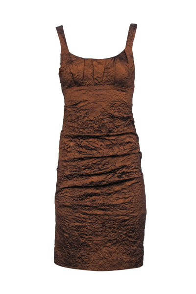 Current Boutique-Nicole Miller - Brown Crinkle Sleeveless Side Ruched Dress Sz 4
