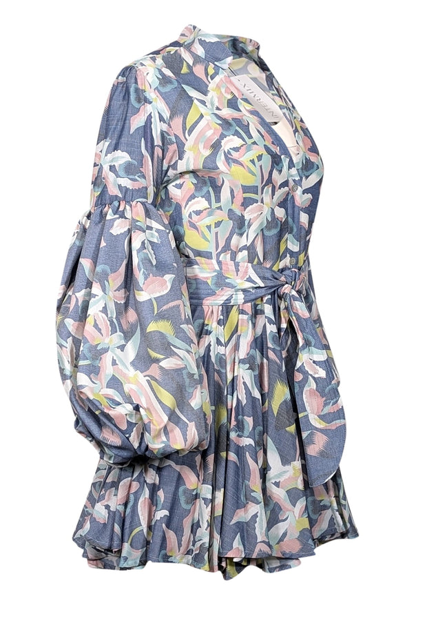 Current Boutique-No Pise La Grama - Blue w/ Pastel Orchid Print Linen Blend Mini Dress Sz 8