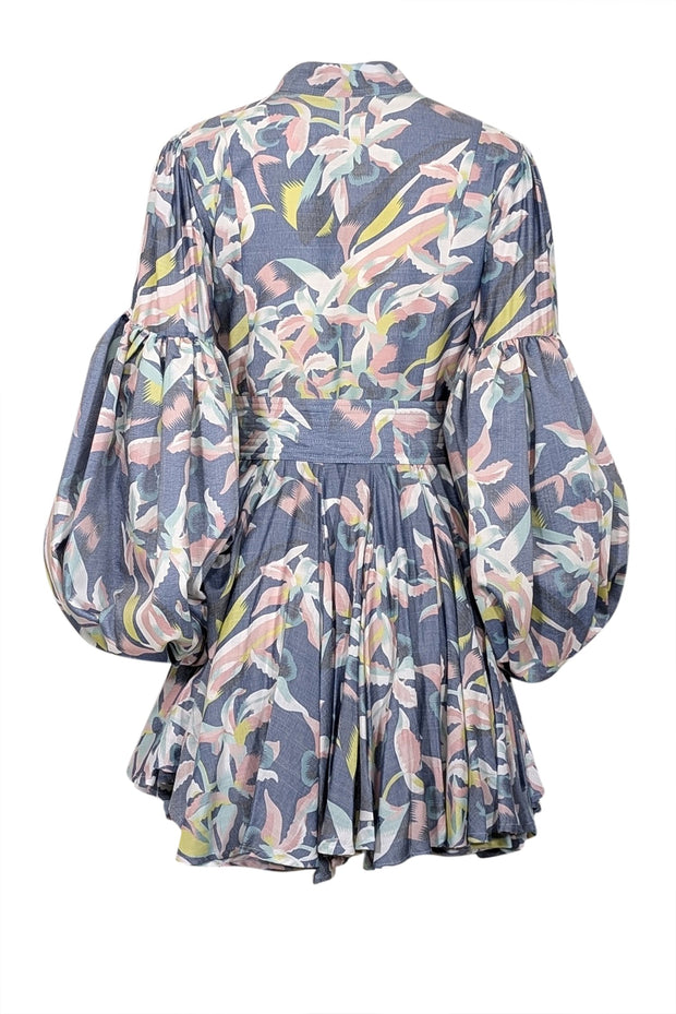 Current Boutique-No Pise La Grama - Blue w/ Pastel Orchid Print Linen Blend Mini Dress Sz 8