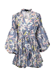 Current Boutique-No Pise La Grama - Blue w/ Pastel Orchid Print Linen Blend Mini Dress Sz 8