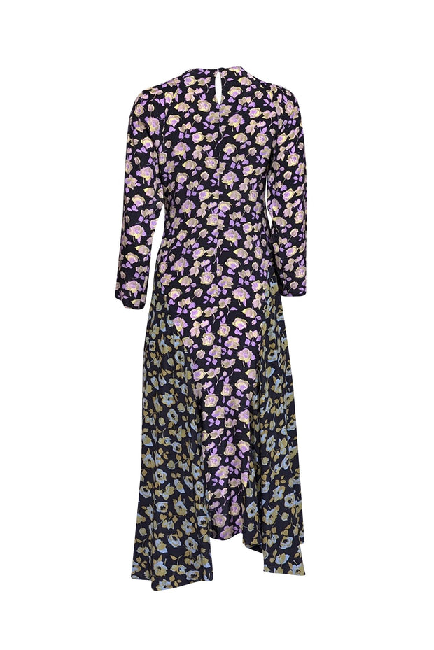 Current Boutique-No.6 Store - Black w/ Purple, Blue, & Green Floral Print Silk Dress Sz S