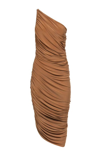 Current Boutique-Norma Kamali - Tan One-Shoulder Draped Bodycon Gown Sz S