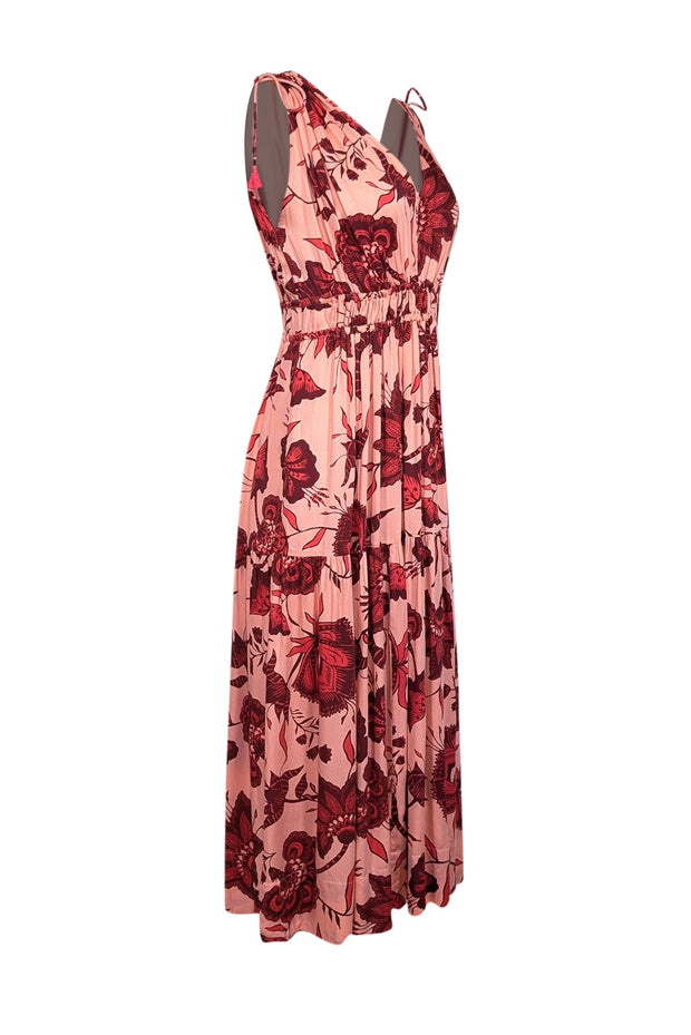 Current Boutique-Omika - Peach w/ Red Floral Print Sleeveless Maxi Dress Sz L