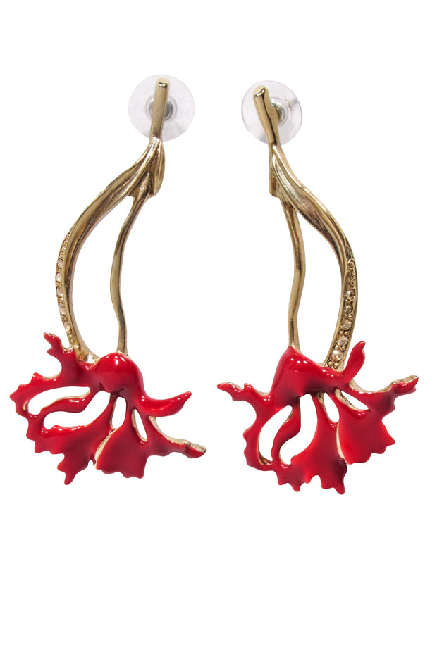 Current Boutique-Oscar de la Renta - Gold & Red Carnation Leaf Earrings