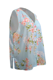 Current Boutique-Oscar de la Renta - Light Blue w/ Pink Floral Print Sleeveless Blouse Sz XL