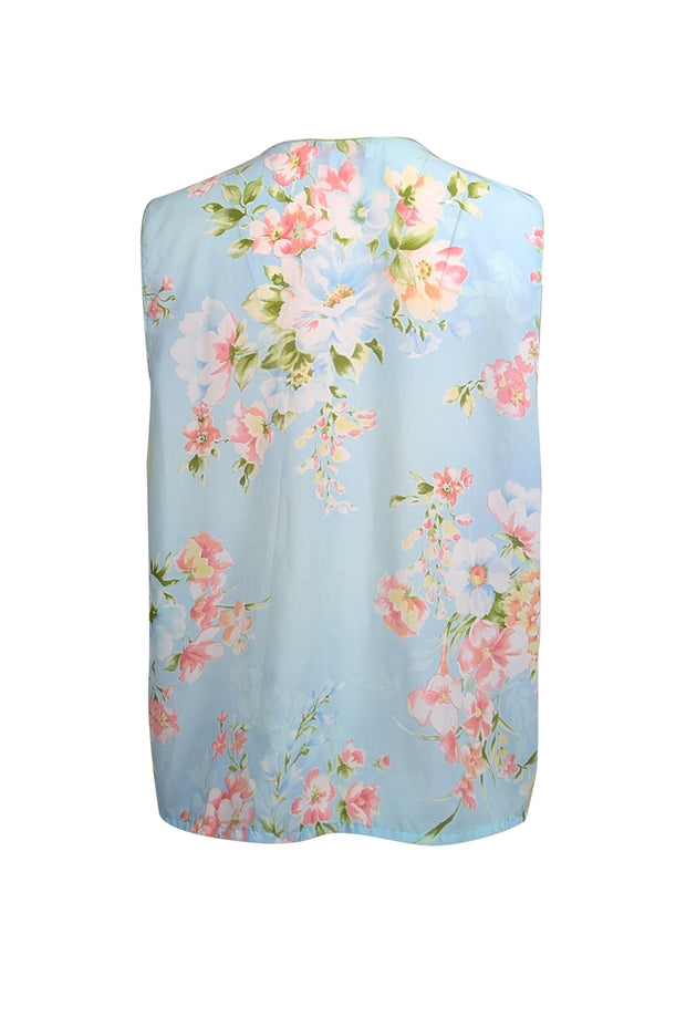 Current Boutique-Oscar de la Renta - Light Blue w/ Pink Floral Print Sleeveless Blouse Sz XL