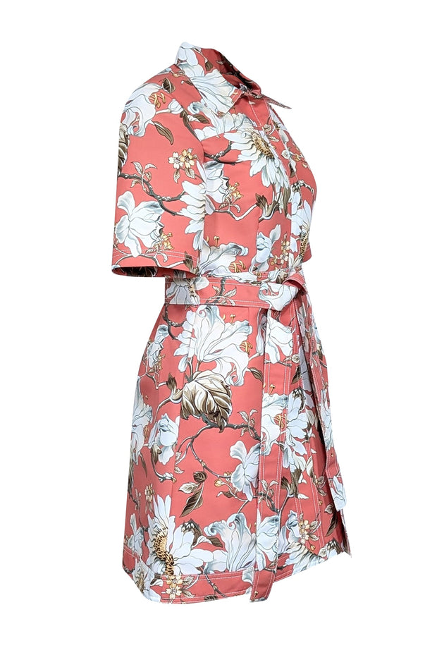 Current Boutique-Oscar de la Renta - Salmon Orange Floral Print Structured Short Sleeve Dress Sz 6