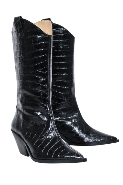 Current Boutique-& Other Stories - Black Croc Embossed Leather Cowboy Boots Sz 9.5