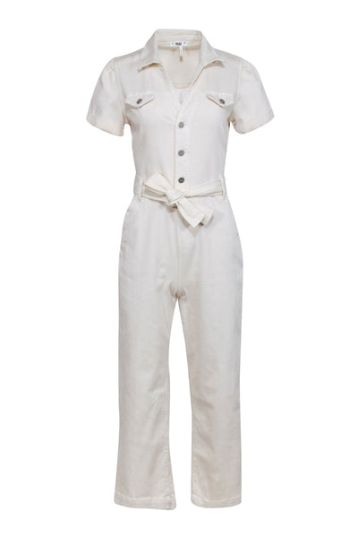Current Boutique-Paige - Cream Denim Short Sleeve Jumpsuit Sz 2