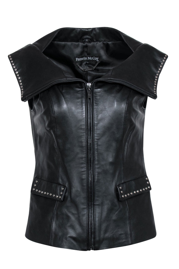 Current Boutique-Pamela McCoy - Black Leather Studded Trim Vest Sz XS