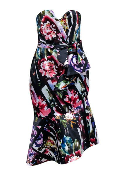 Current Boutique-Parker - Black Floral Strapless Side Bow Fit & Flare Dress Sz 4