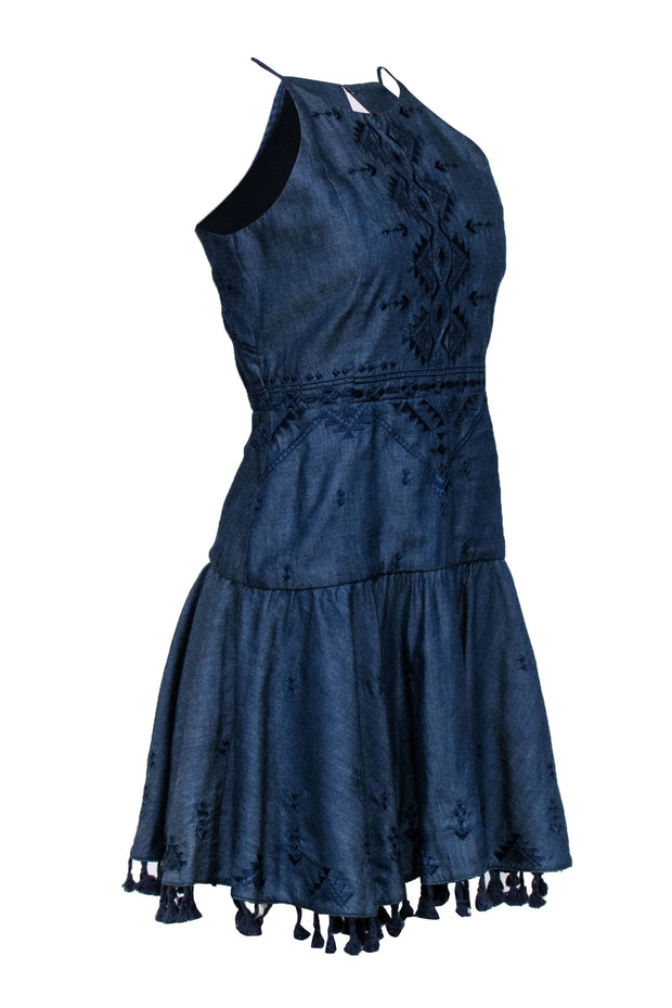 Current Boutique-Parker - Blue Chambray Embroidered Trim Sleeveless Dress Sz XS