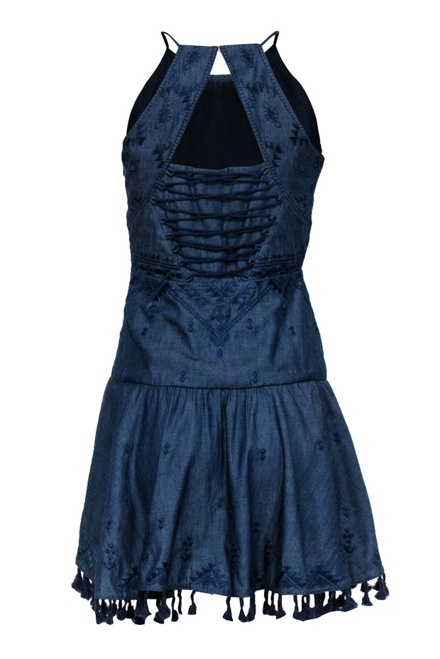 Current Boutique-Parker - Blue Chambray Embroidered Trim Sleeveless Dress Sz XS