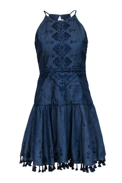 Current Boutique-Parker - Blue Chambray Embroidered Trim Sleeveless Dress Sz XS