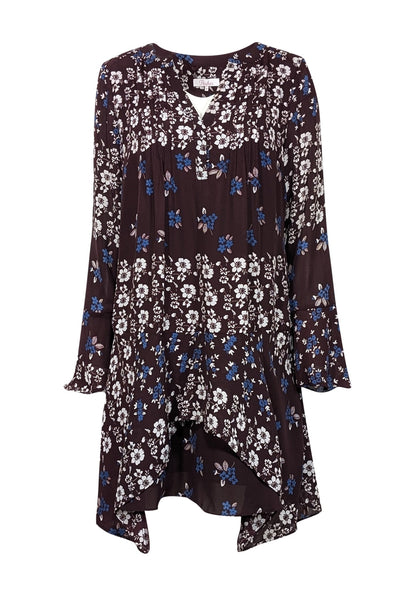 Current Boutique-Parker - Maroon w/ White & Blue Floral Print Bell Sleeve Dress Sz M