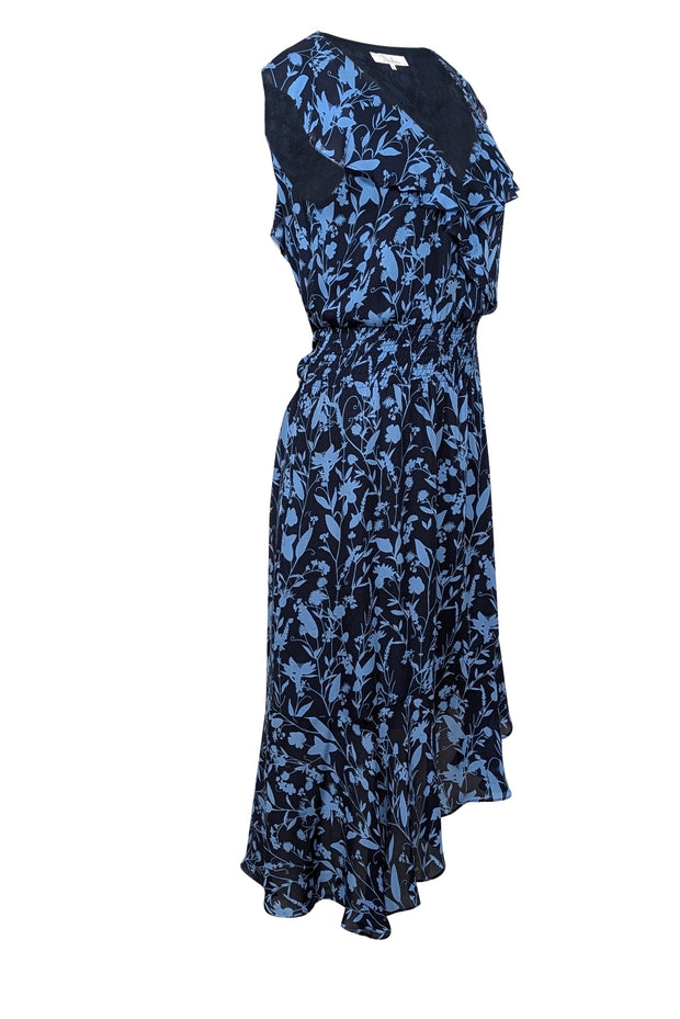 Current Boutique-Parker - Navy & Blue Floral Print Silk Asymmetrical Midi Dress Sz M