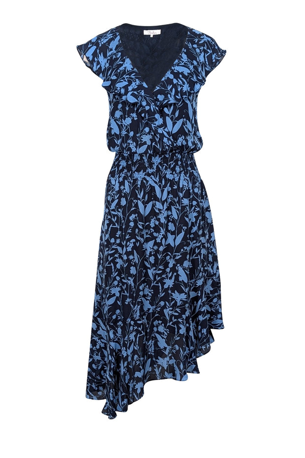 Current Boutique-Parker - Navy & Blue Floral Print Silk Asymmetrical Midi Dress Sz M