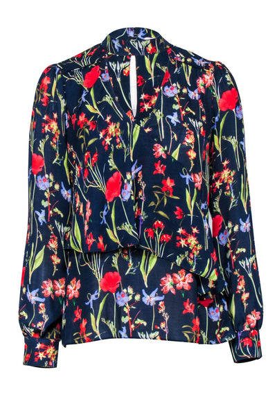 Current Boutique-Parker - Navy w/ Red & Green Floral Print Choker Neck Blouse Sz S