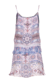 Current Boutique-Parker - Pink & Blue Multi Print Ruffle Trim Mini Shift Silk Dress Sz S