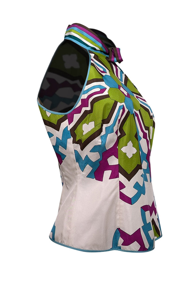 Current Boutique-Per Se - White, Teal, & Purple Geometric Print Silk Halter Top Sz 6