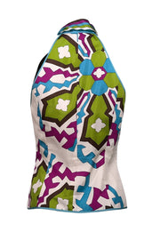 Current Boutique-Per Se - White, Teal, & Purple Geometric Print Silk Halter Top Sz 6