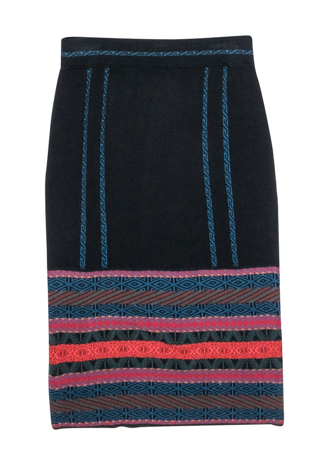 Current Boutique-Peruvian Connection - Black Knit Pencil Skirt w/ Multicolor Print Bottom Sz S