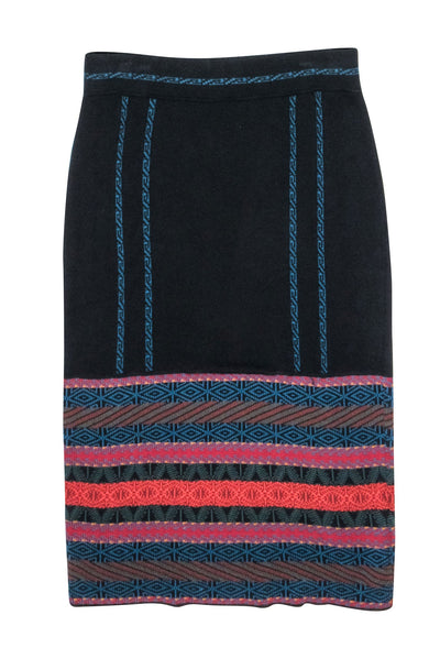 Current Boutique-Peruvian Connection - Black Knit Pencil Skirt w/ Multicolor Print Bottom Sz S