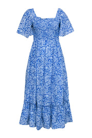 Current Boutique-Pink City Prints - Blue & White Floral Print Smocked Bodice Dress Sz S