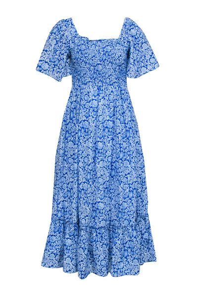 Current Boutique-Pink City Prints - Blue & White Floral Print Smocked Bodice Dress Sz S