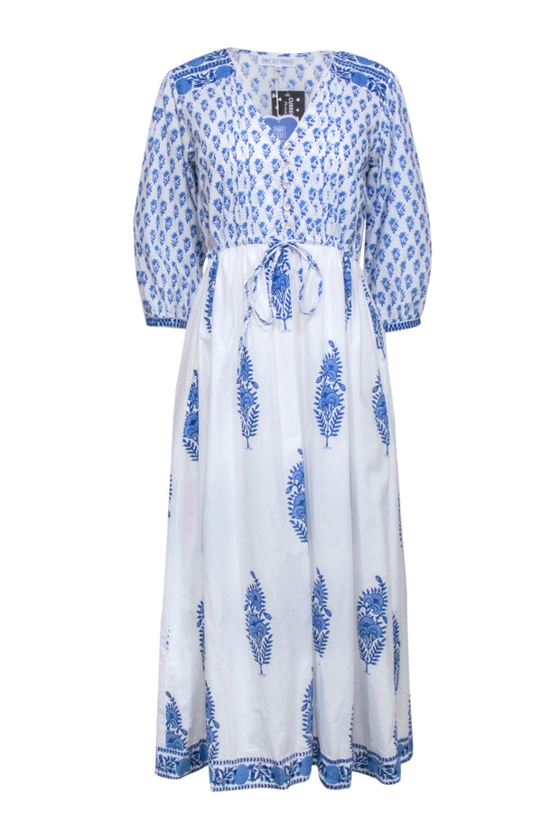 Current Boutique-Pink City Prints - White w/ Blue Floral Print Maxi Dress Sz XS/S