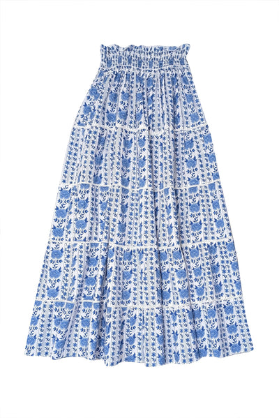 Current Boutique-Pink City Prints - White w/ Blue Print Smocked Waist Maxi Skirt Sz XS/S