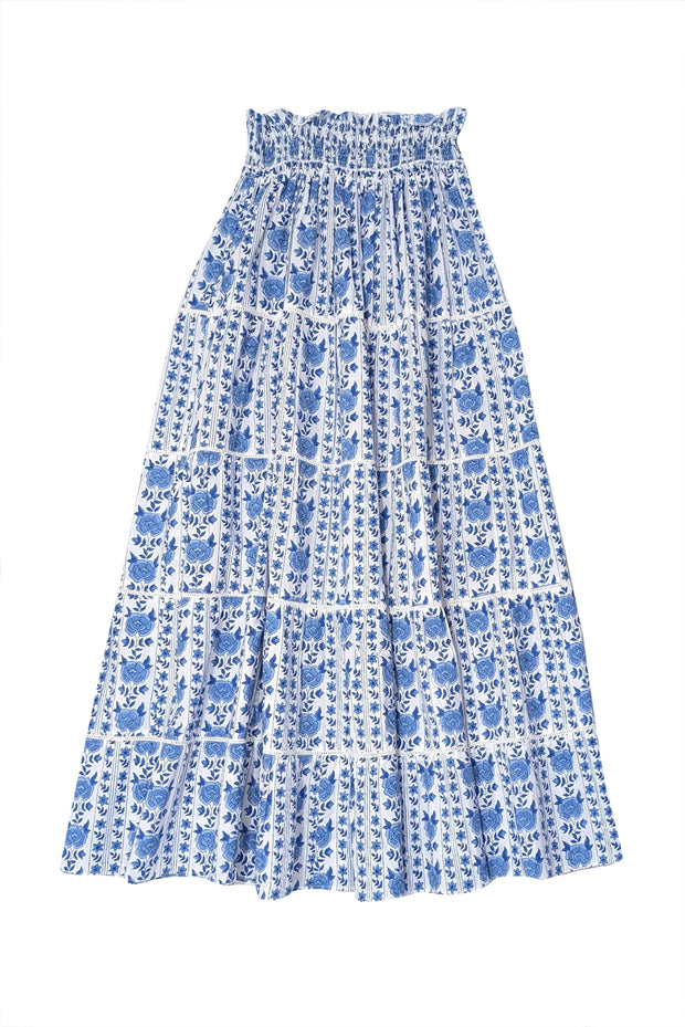 Current Boutique-Pink City Prints - White w/ Blue Print Smocked Waist Maxi Skirt Sz XS/S