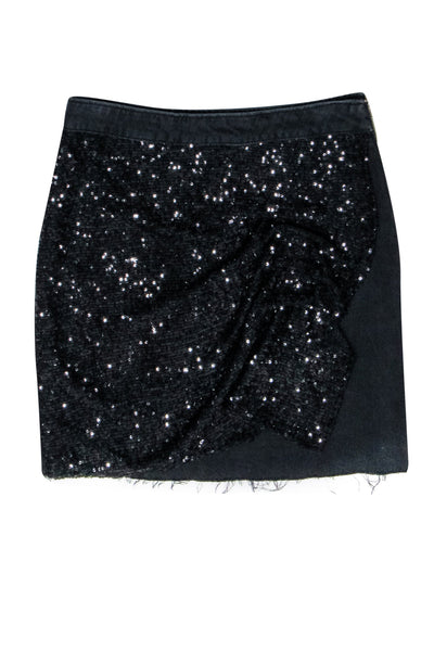 Current Boutique-Pinko - Black Sequined-Front Denim Mini Skirt Sz S