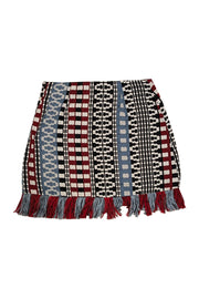 Current Boutique-Pinko - Blue, Red, White & Black Patterned Mini Skirt w/ Fringe Trim Sz 4