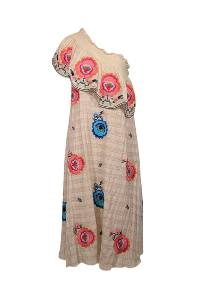 Current Boutique-Plenty by Tracy Reese - Cream One Shoulder Multi Color Embroidered Floral Dress Sz M