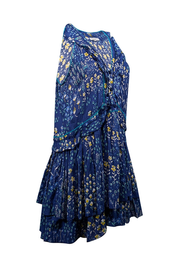 Current Boutique-Poupette St Barth - Blue w/ Multicolor Floral Print Ruffled Mini Dress Sz S