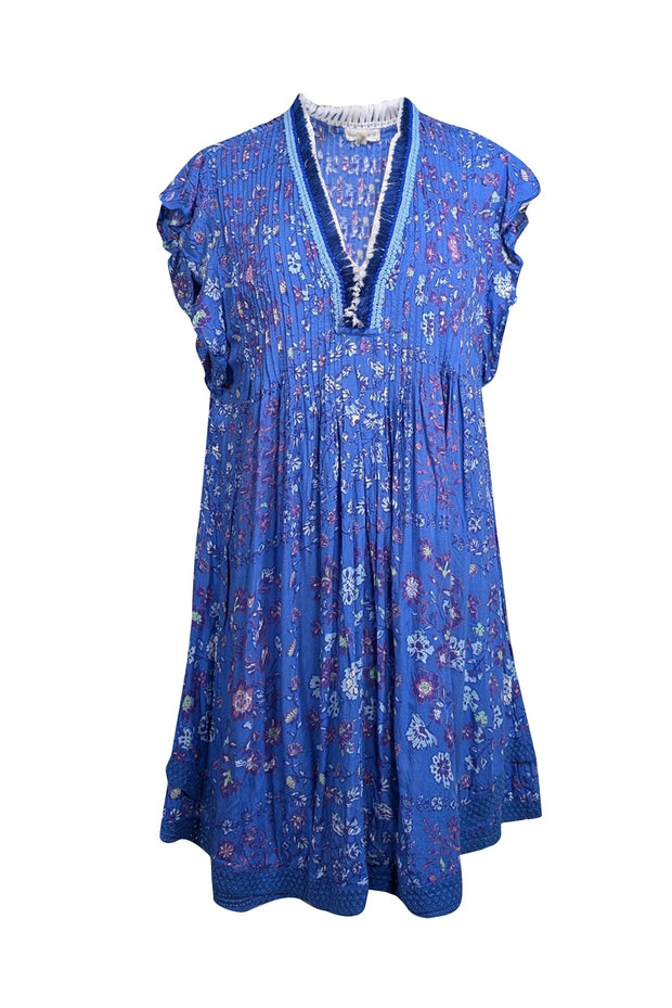 Current Boutique-Poupette St. Barth - Blue w/ Multicolor Floral Print Flutter Sleeve Dress Sz L