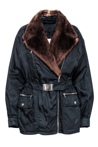 Current Boutique-Prada - Black "Anorak" Coat w/ Beaver Fur Collar Sz XL