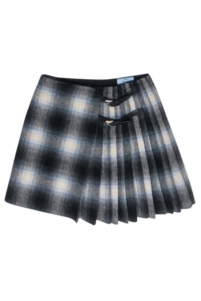 Current Boutique-Prada - Black, Blue & Beige Tartan Wool Blend Pleated Skirt Sz 8