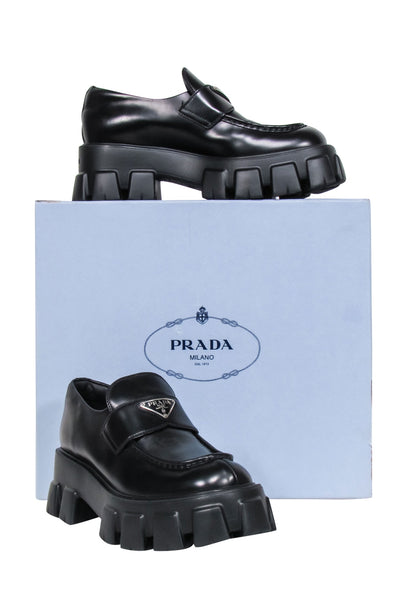 Prada - Black Brushed Leather Monolith Loafers Sz 10