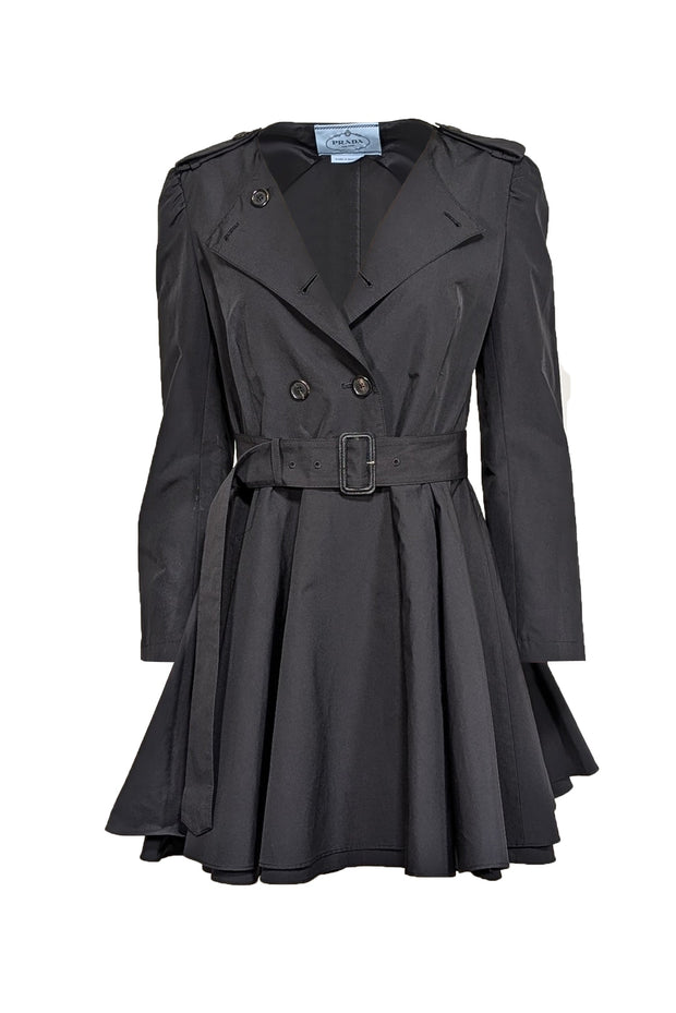 Current Boutique-Prada - Black Fit & Flare Collarless Trench Coat w/ Waist Tie Belt Sz 6