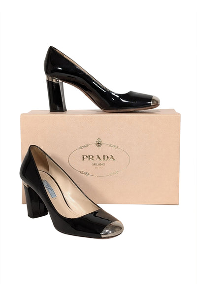 Current Boutique-Prada - Black Patenet Leather Block Heel Gold Toe Pumps Sz 7